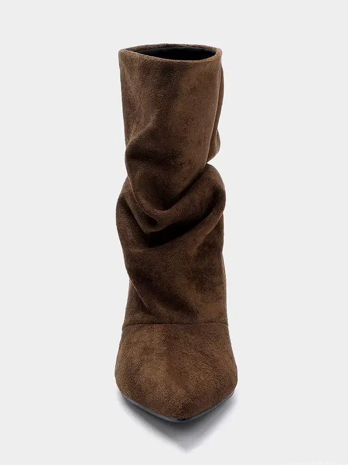 Bottines rétro en daim marron pour femme, à talon fin plissé, bout pointu, bottines courtes à talon bas, de marque de créateur