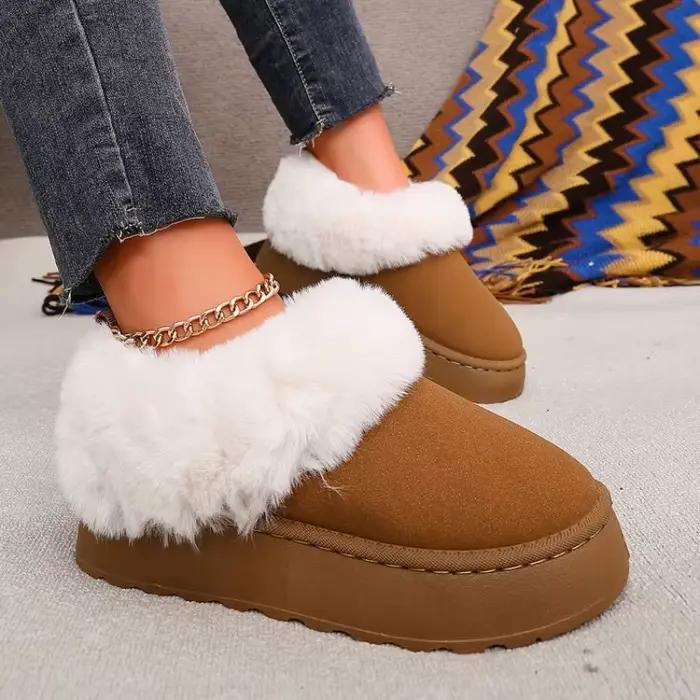 Bottines pour femmes à plateforme, talon plat, à enfiler, finition lisse, garniture en fausse fourrure, chaussures décontractées d'hiver, confortables et chaudes