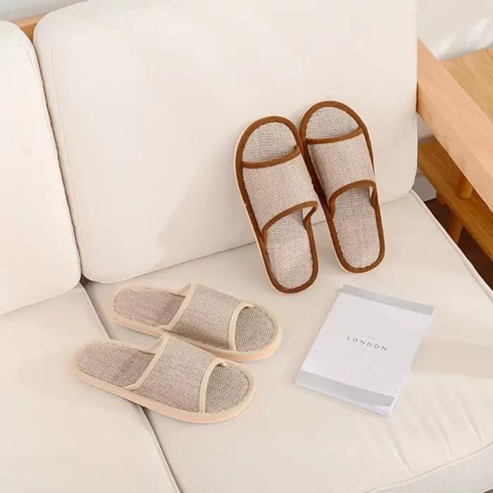 Chaussons d'intérieur en lin à bout ouvert pour femmes et hommes, respirants, légers et confortables, chaussures décontractées à enfiler