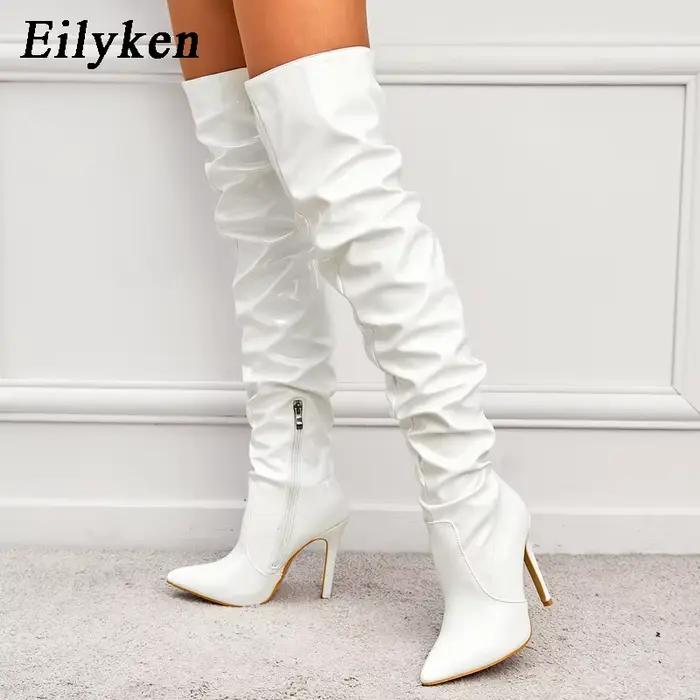 Cuissardes Eilyken en cuir verni avec talon fin et fermeture éclair latérale pour femmes, disponibles en rouge et autres couleurs, au-dessus du genou, pour hiver et occasions spéciales