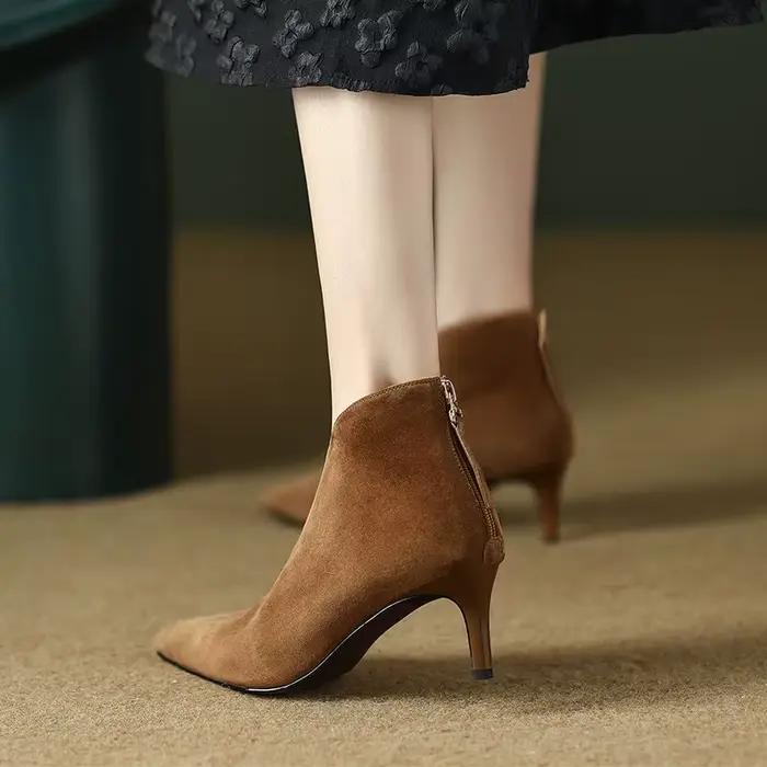 Bottines FHC Nubuck Flock pour femmes, bottines à talons hauts, chaussures automne/hiver, bottes à bout pointu, forme en V profonde, noir, marron, livraison directe