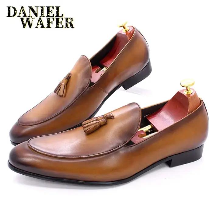 Mocassins italiens de luxe chaussures habillées pour hommes mode à la main sans lacet gland mocassins chaussures de bureau de mariage mocassins décontractés pour hommes