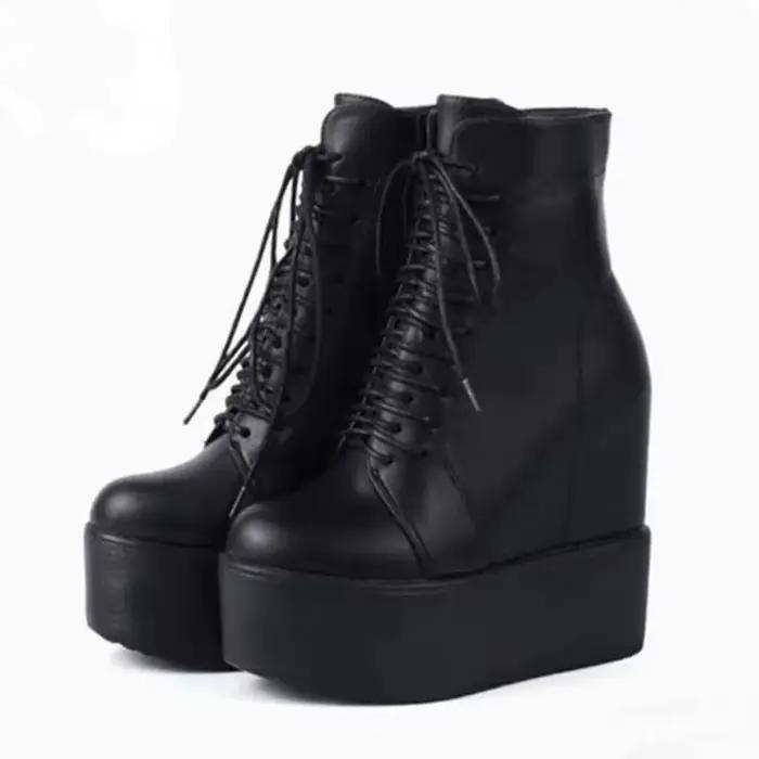 2025 Style Punk compensées bottine noir semelle en caoutchouc chaussures 14CM plate-forme bottes femmes laçage automne Sexy dame talons compensés baskets
