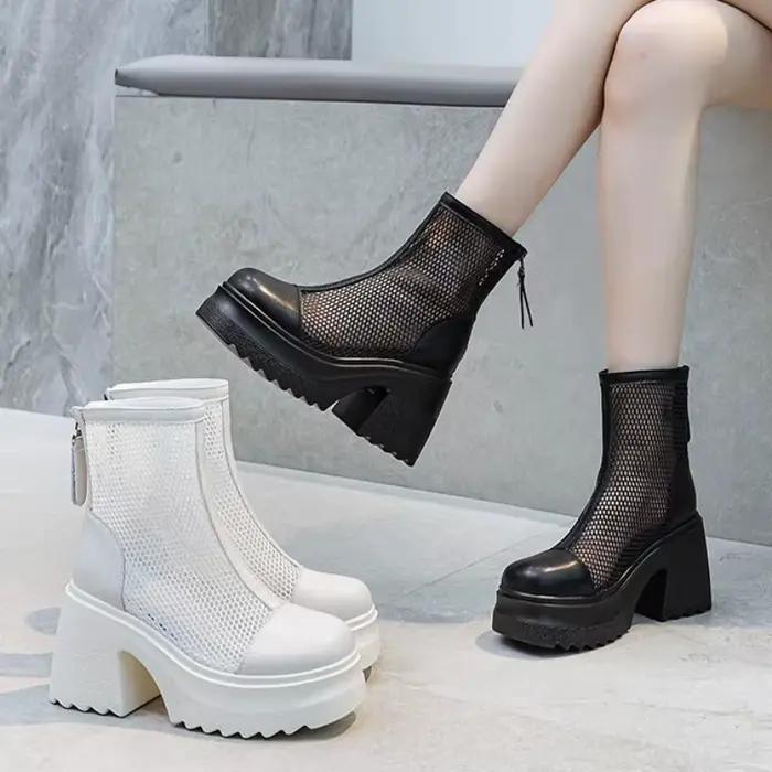 Nouvelles bottes courtes d'été pour femmes, en maille aérée avec talon carré et plateforme imperméable, pour toutes les occasions