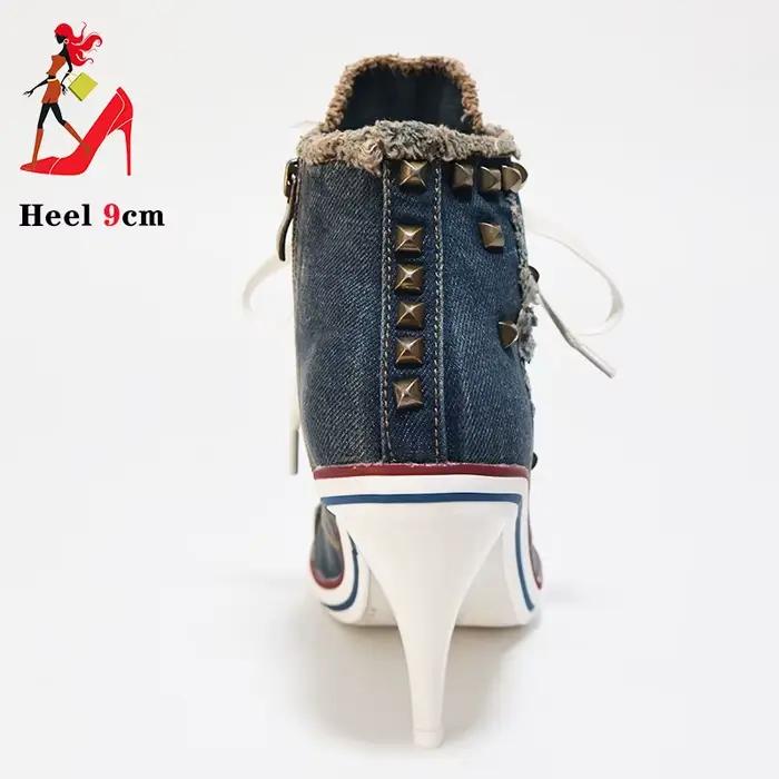 Denim femmes bottes Design Stiletto 9CM chaussures à talons hauts mode dame à lacets pointu bottines Sexy à talons hauts chaussures à talons fins