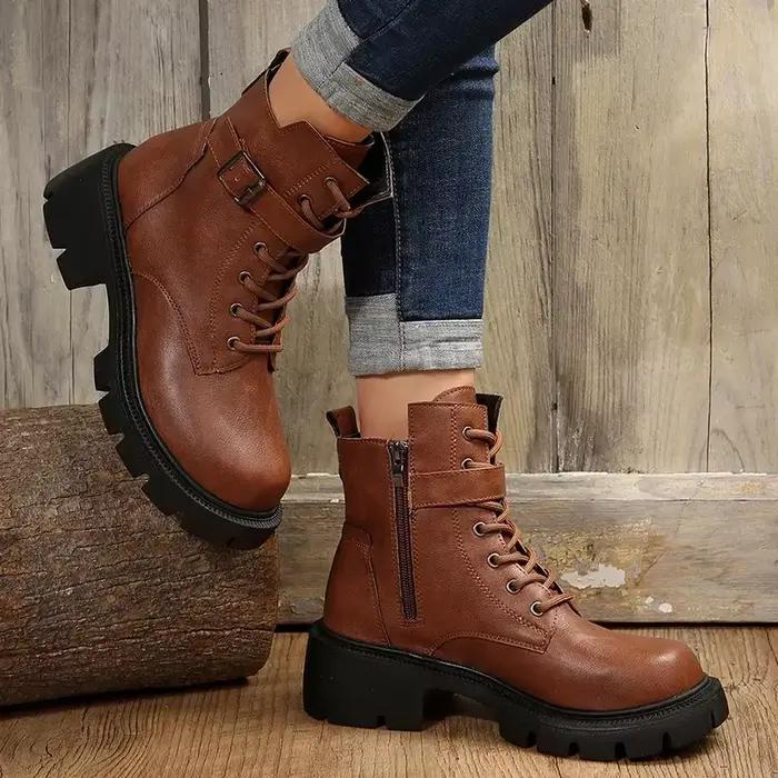 Rétro fond épais marron bottines femmes 2025 hiver boucle en métal décoration bottes de Combat grande taille femme chaussures avec plate-forme