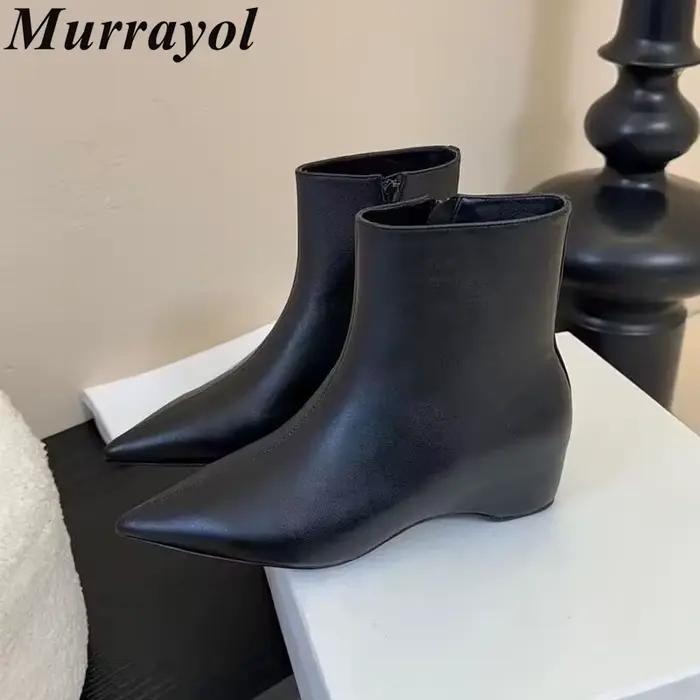 Femmes talon épais bottes courtes en cuir véritable bout pointu fermeture éclair conception cheville Botas dames