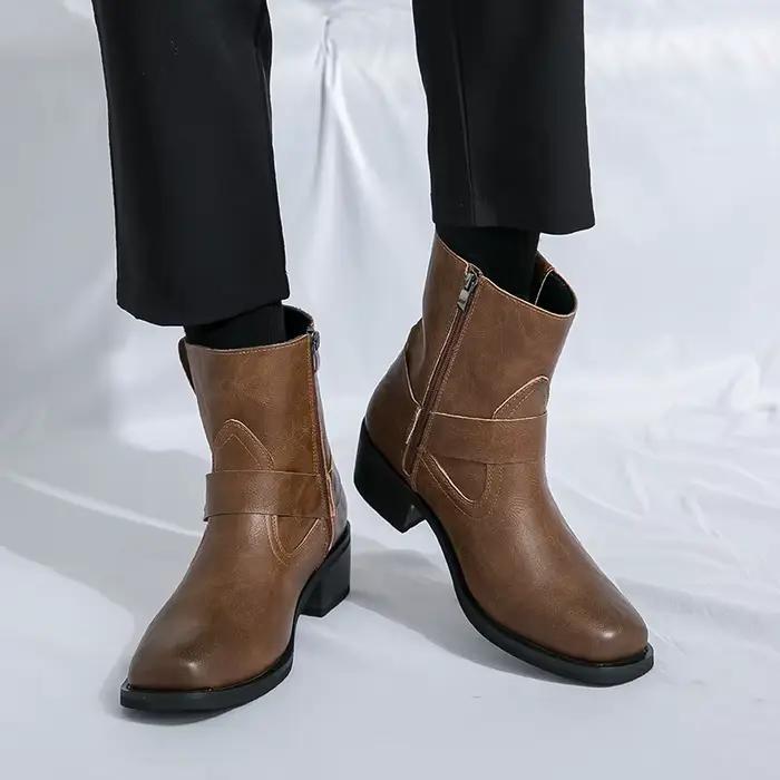 Bottines en cuir à talons épais pour hommes, bottes de marche décontractées avec fermeture éclair latérale, antidérapantes, pour l'automne et l'hiver