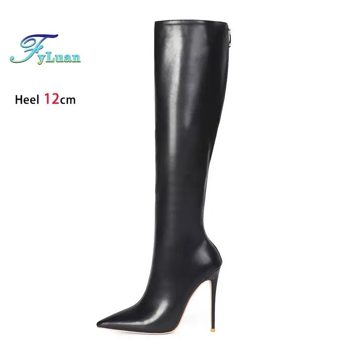 Bottes pointues noires pour femme 12CM Stiletto mode femmes chaussures d'hiver de fête grande taille 43 44 45 fermeture