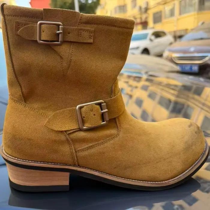 Bottes de travail vintage faites à la main en daim kaki pour hommes et femmes, chaussures d'ingénieur, bottes de moto rétro américaines, bottes mi-mollet délavées