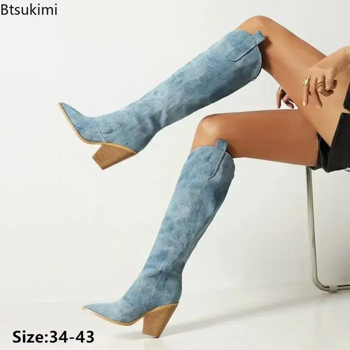 Nouvelles Bottes Hautes en Jean pour Femme 2026 – Chaussures Tendance à Talon Carré
