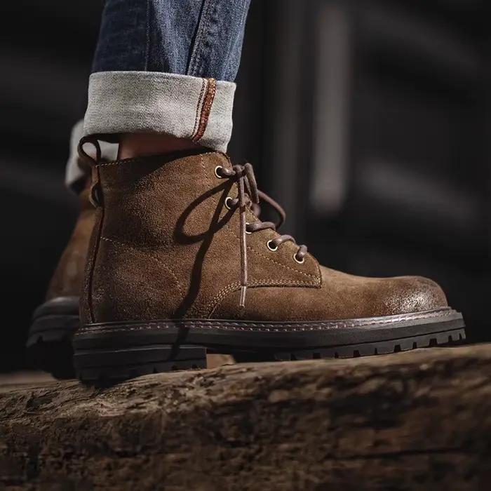 Maden Bottes vintage en daim fendu pour homme Bottes de travail montantes marron à lacets Ankle du désert Bottes à semelle robuste Chaussures d'extérieur d'hiver et d'automne