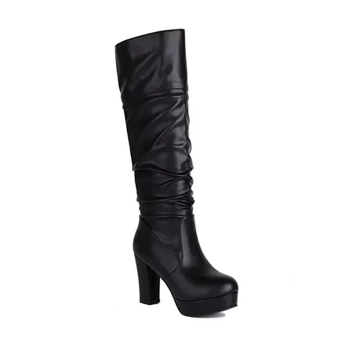 Botas De Mujer genou bottes hautes femmes automne hiver mode plissé talons hauts marron longue plate-forme bottes grande taille 48 998-12