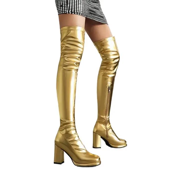 Cuissardes hautes femmes mode or argent bout rond fermeture éclair hiver automne bloc talons hauts sur les genoux