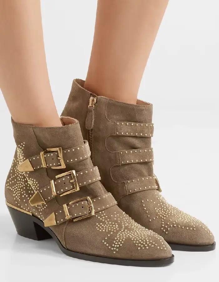 Susanna clouté en cuir véritable bottines femmes automne hiver bout rond boucle sangle chaussures femme moto talon carré chaussons