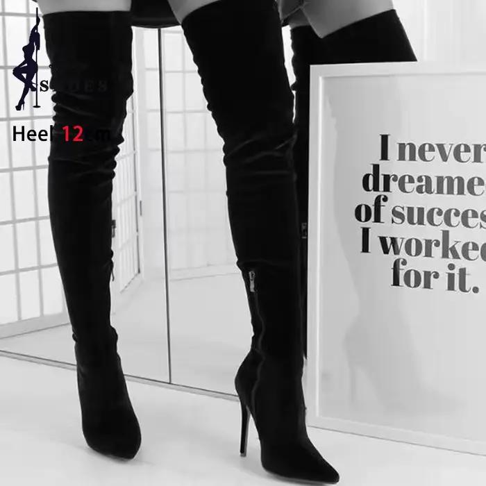Bottes longues en velours pour femmes, bout pointu, talons aiguilles, grande taille, cuissardes élastiques, nouvelles bottes modernes pour printemps-automne 2024