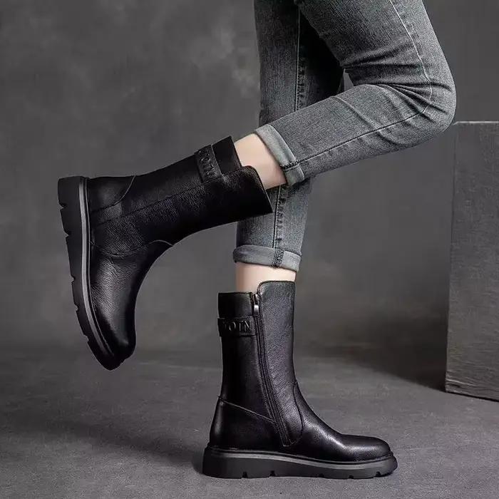 Bout rond femmes demi bottes hautes élégant mode dames mi-mollet chaussures concepteur de luxe qualité