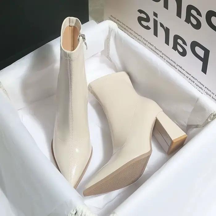 Bottines d'hiver en cuir verni pour femmes, bottines courtes à bout pointu, talons hauts carrés, chaussures de soirée 2026