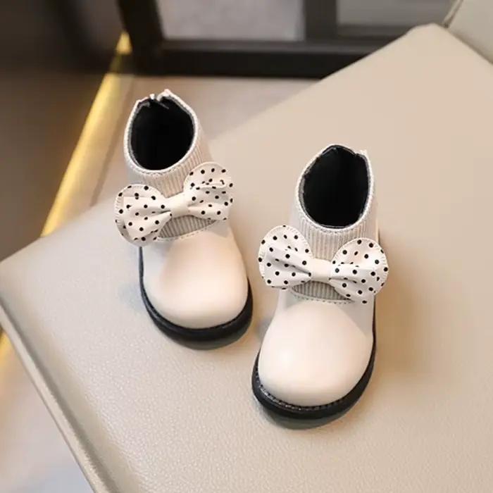 JGSHOWKITO Bottes à pois pour filles, bottes courtes antidérapantes avec nœud décoratif, bottes courtes de princesse antidérapantes pour enfants, bottines d'automne et d'hiver pour enfants