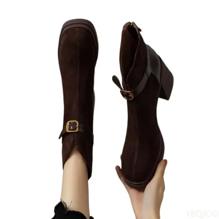 À la mode polyvalent semelle épaisse talon épais femmes bottes automne hiver élégant simple talons hauts loisirs