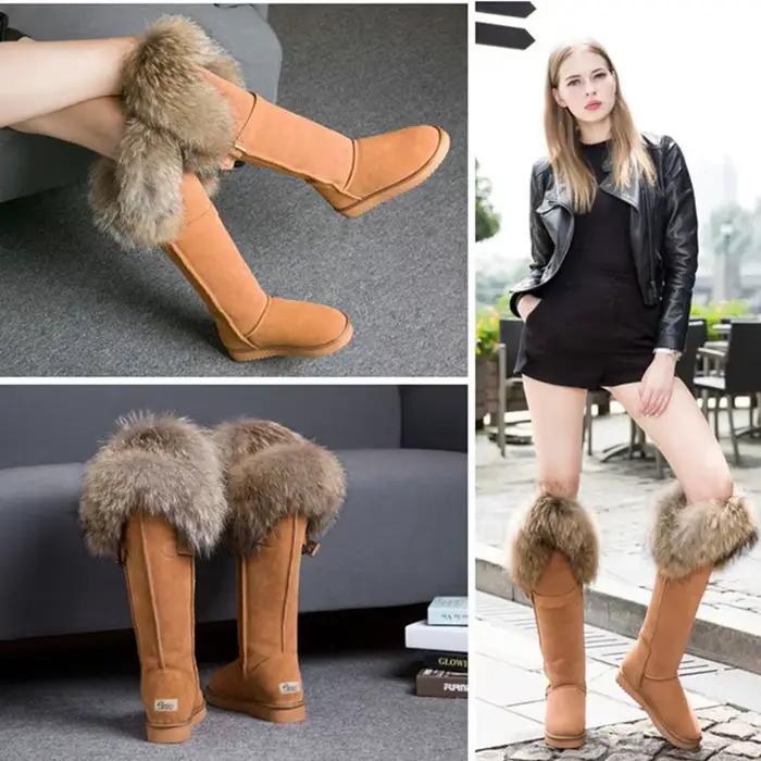 Bottes de neige imperméables en cuir de vache pour femme, 100% vraie fourrure de raton laveur, fourrure de renard, glands en fourrure de lapin sexy, semelle non ald, marron et noir, hiver