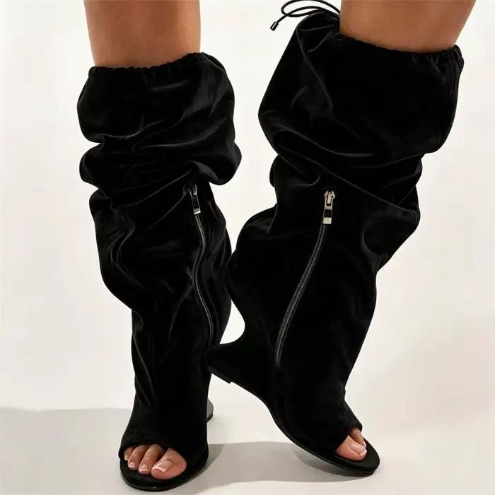 Bottes longues en faux daim pour femmes, style sandale à talon compensé creux, pour soirées et clubs