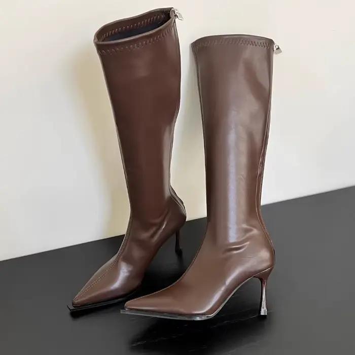 Bottes pointues au genou pour femmes, talons hauts, confortables, talon aiguille, cuir souple, chaussures pour femmes, nouveau, 2025