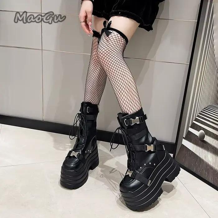 Design de mode Super haute femmes bottes fond épais boucle sangles à lacets gothique