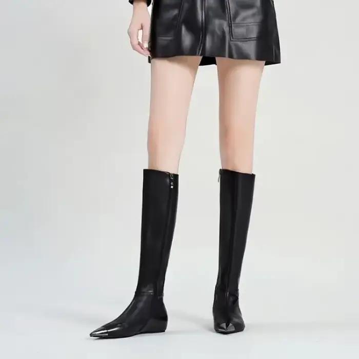 Bottes longues pointues en métal pour femmes, bottes au-dessus du genou, noir, sexy, marque de mode, spectacle sur scène, automne, hiver, taille 34-45