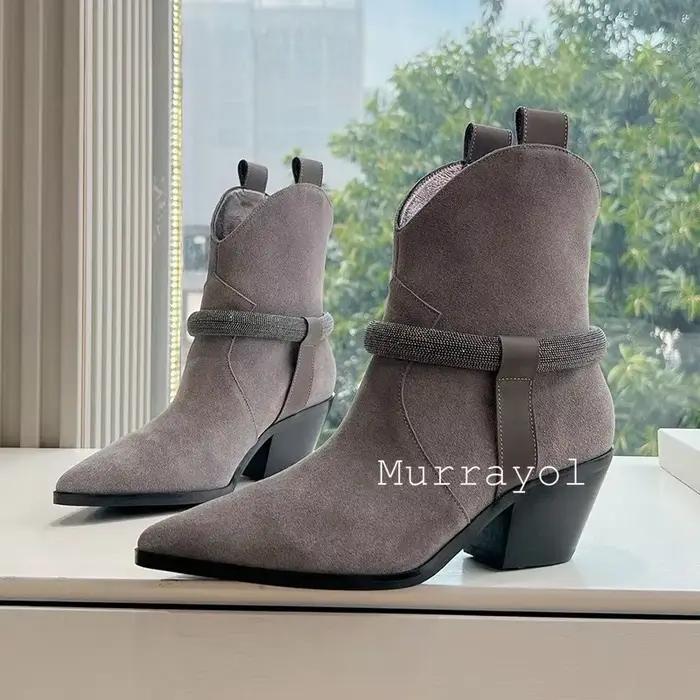 Bout pointu chaîne perle décor Chelsea bottes femmes vache daim talon épais mi-mollet bottes printemps automne style rétro bottes courtes
