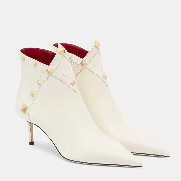 Bottines à talon aiguille pointu en cuir pour femme, style pyramide dorée, noires et blanches, vintage, pour soirée