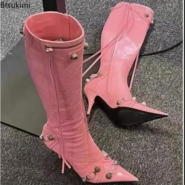 Bottes en cuir sexy pour femmes 2026, hauteur genou, automne-hiver, talons fins super hauts avec rivets, style rétro, bottes tendance pour femmes