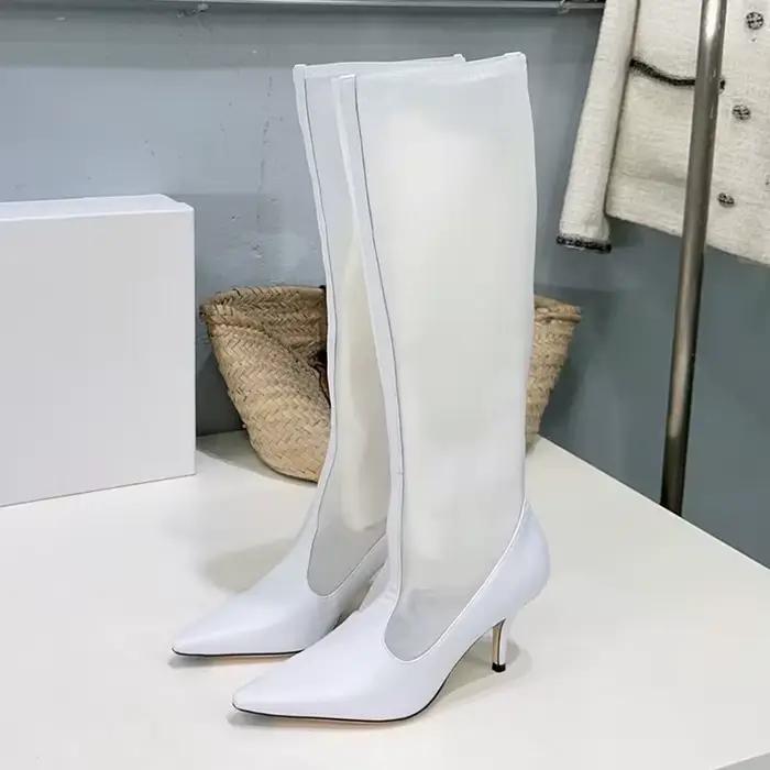 Femmes talons hauts fins genou bottes bout pointu en cuir véritable gaze Patchwork bottes longues piste printemps automne bottes modernes