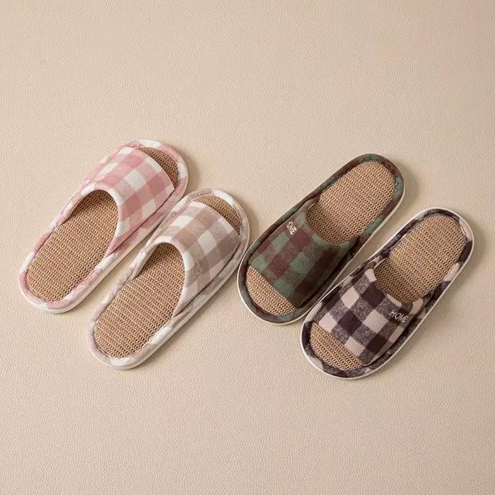 Nouvelles pantoufles d'intérieur décontractées en lin pour femme, style écossais, à bout ouvert, semelle souple antidérapante, unisexe, pour la maison, printemps-été