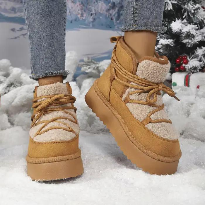 Bottes de neige à plateforme décorées de lacets pour femme, collection hiver 2026, en polaire d'agneau, à semelle épaisse, bottines chaudes en coton pour femme