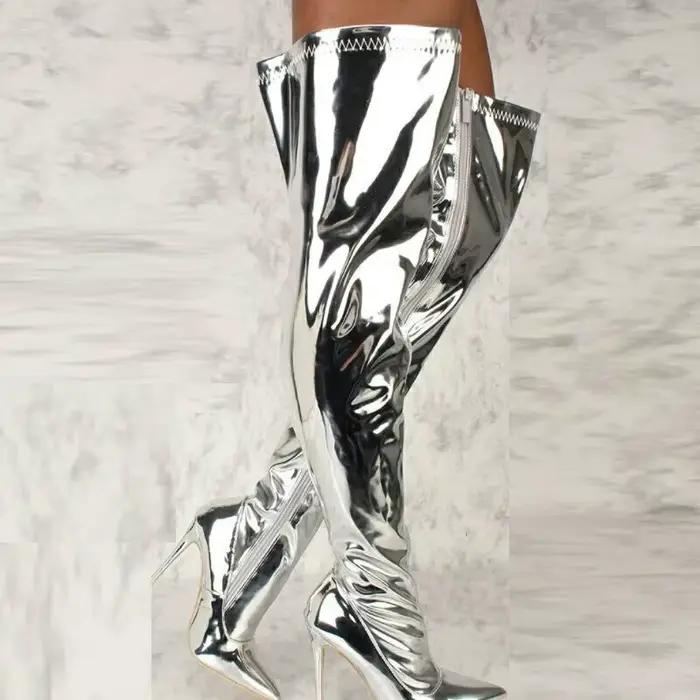 Bottes femme miroir sur le genou bottes bout pointu Stiletto Punk bottes Zip argent chaussures de fête décontractées plate-forme sexy talons hauts