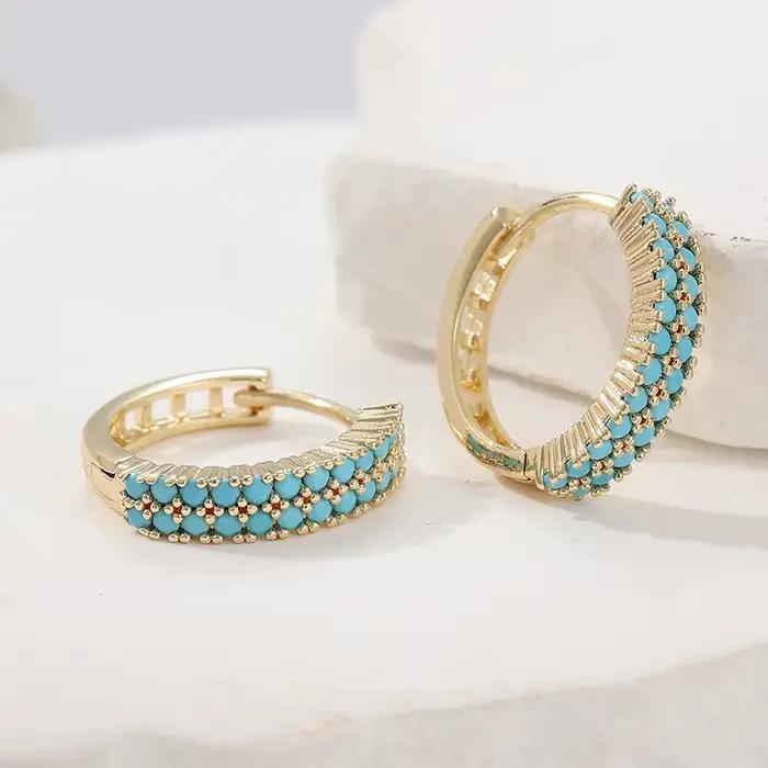 Boucles d'oreilles turquoise synthétiques rétro à Double rangée, exquises et élégantes, bijoux classiques pour femmes, accessoires de bijoux de vacances