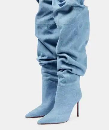 Bottes en denim bleu au-dessus du genou, talons fins, bout pointu, style urbain pour femmes, ajustement parfait, confortable, élégante, pour printemps/automne