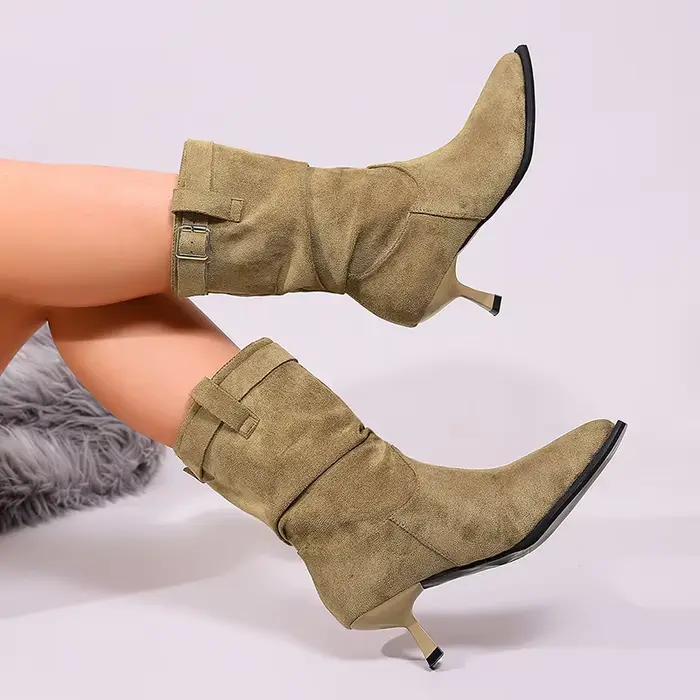 Bottines plissées à talons hauts pour femmes, collection automne 2026, en faux daim, à talon fin, bottes courtes à bout pointu, style cowboy