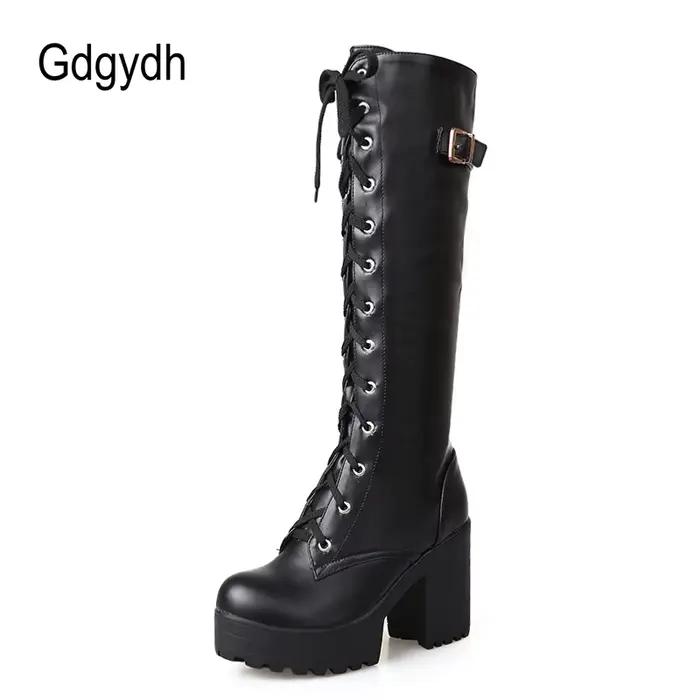 Gdgydh offre spéciale printemps automne laçage genou bottes hautes femmes mode blanc talon carré femme chaussures en cuir hiver PU grande taille 43