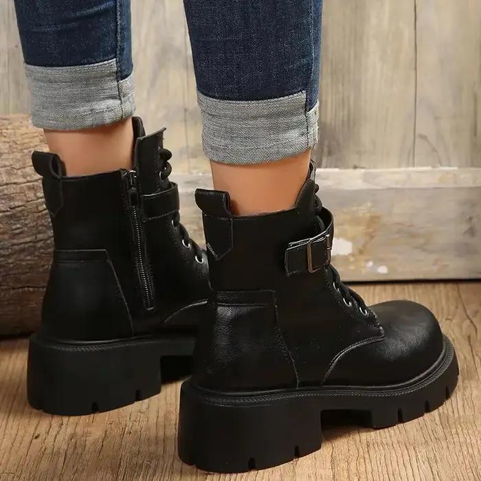 Rétro fond épais marron bottines femmes 2025 hiver boucle en métal décoration bottes de Combat grande taille femme chaussures avec plate-forme