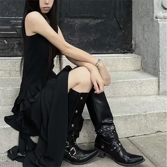 Chunky Knight Chaussures de moto en cuir pour femme, Plateforme haute, Talon bas, Noir, Punk, Gothique, Rock, Mode, Nouveau