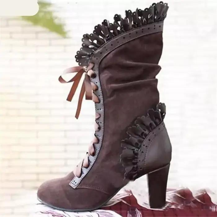 Bottes d'hiver à lacets pour femmes style victorien bout rond talons fins confortables automne printemps