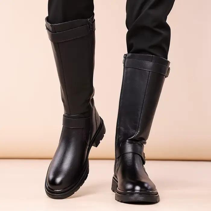 Bottes hautes en cuir noir pour hommes, bottes de moto stylistes, bottes de travail décontractées, chaussures de rue à la mode en plein air occassions spéciales
