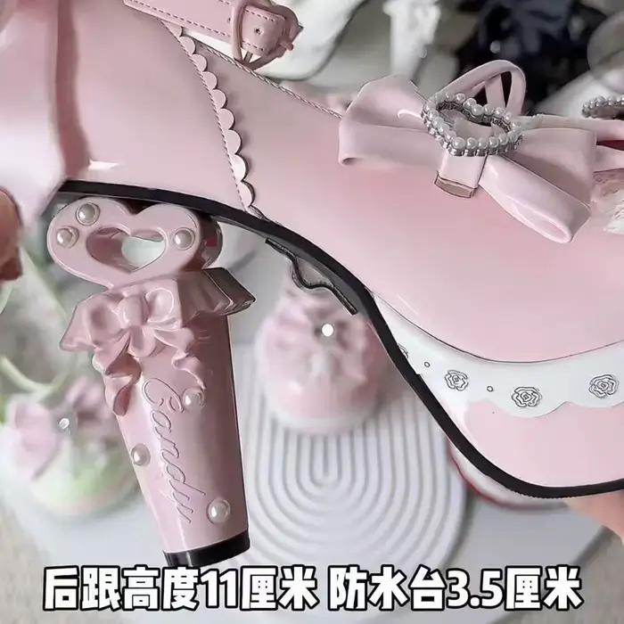 Chaussures en cuir à talons hauts Lolita pour femmes, originales, Style féerique, Cosplay japonais, Design de 5cm, chaussures de rue avec nœud en strass, Y2k