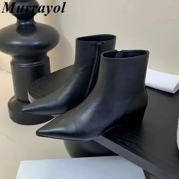 Femmes talon épais bottes courtes en cuir véritable bout pointu fermeture éclair conception cheville Botas dames