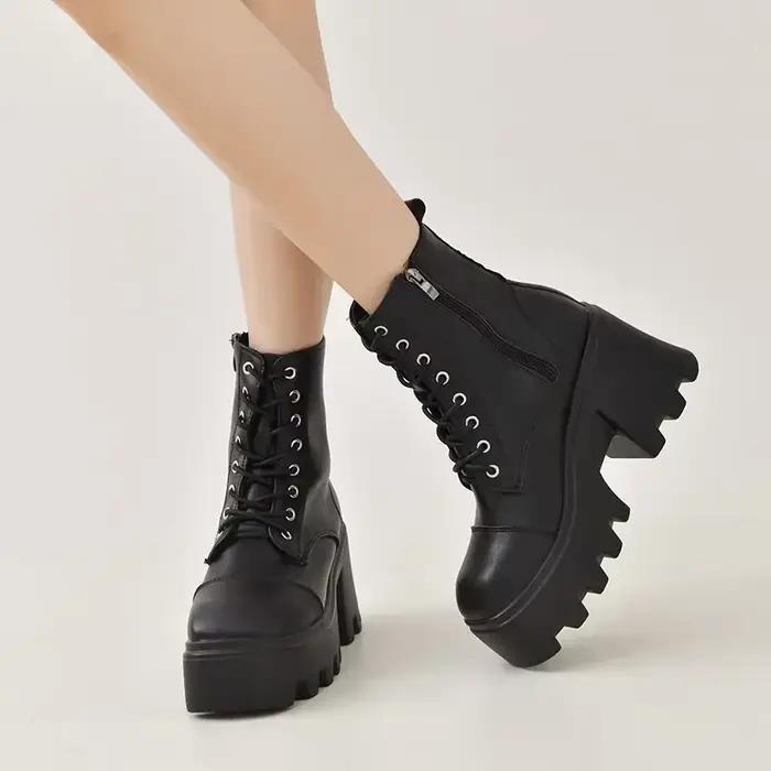 Bottes de rinçage à glissière latérale pour femmes, chaussures à lacets pour femmes, plate-forme, talon carré, grande taille, hiver, 2024