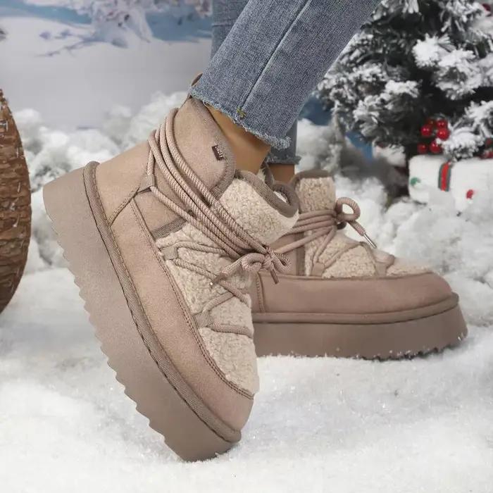 Bottes de neige à plateforme décorées de lacets pour femme, collection hiver 2026, en polaire d'agneau, à semelle épaisse, bottines chaudes en coton pour femme
