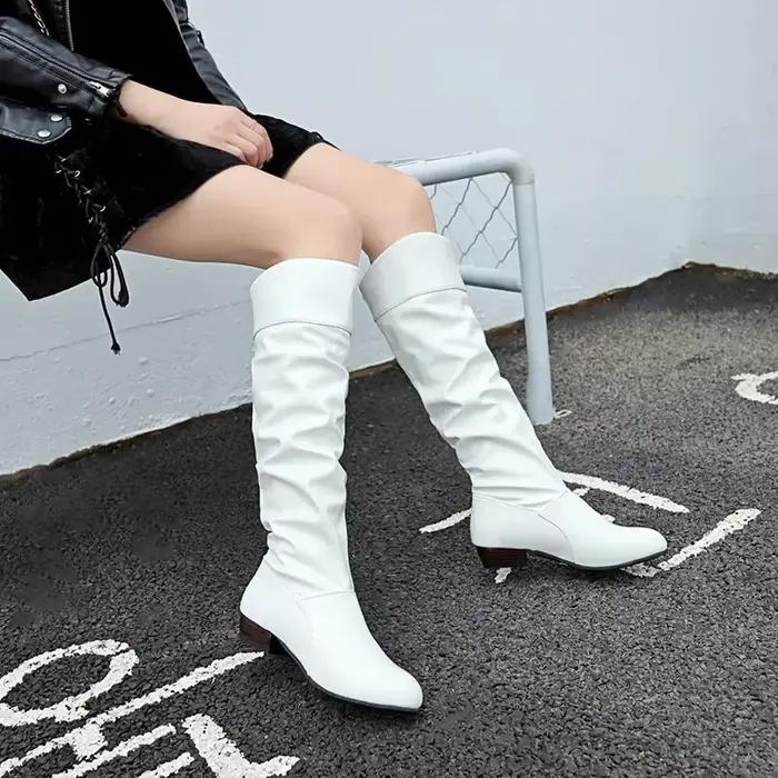 WishHot Vente de la saison Automne Hiver Bottes longues en PU à bout rond et talon bas, style bottes de chevalier, grande taille, bottes pour femmes au-dessus du genou, semelle en caoutchouc S