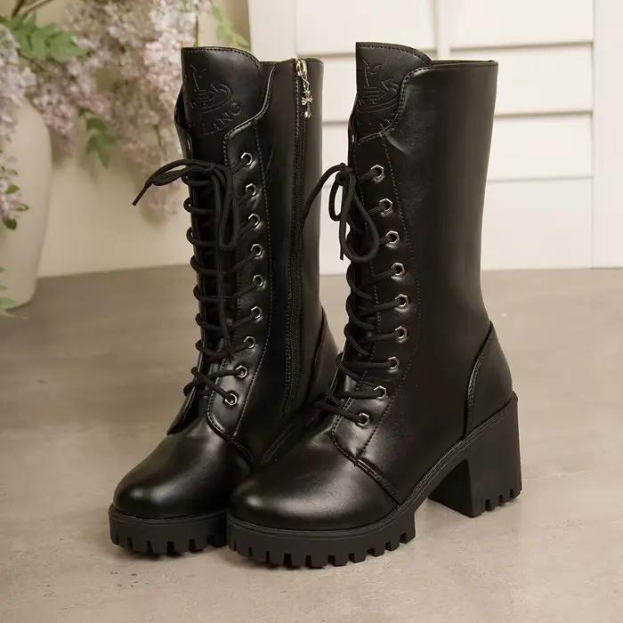 Bottes mi-mollet pour femmes, talon carré, bout rond, plateforme, cuir noir, fermeture éclair latérale, grande taille 35-43, mode automne, occassions spéciales